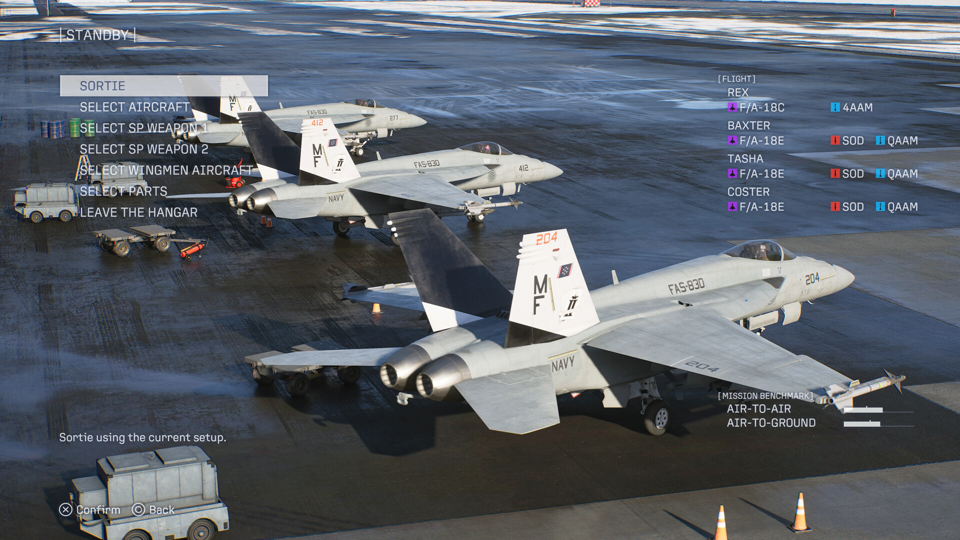The sortie menu stacks aircraft, weapons, wingmen and parts in one list