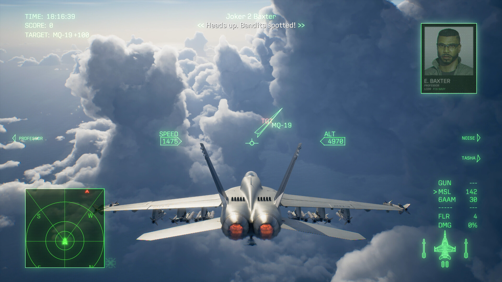 An ACE COMBAT 8 fighter climbing through multi-layered clouds while locking an MQ-19 drone, Joker Flight radio visible on the HUD