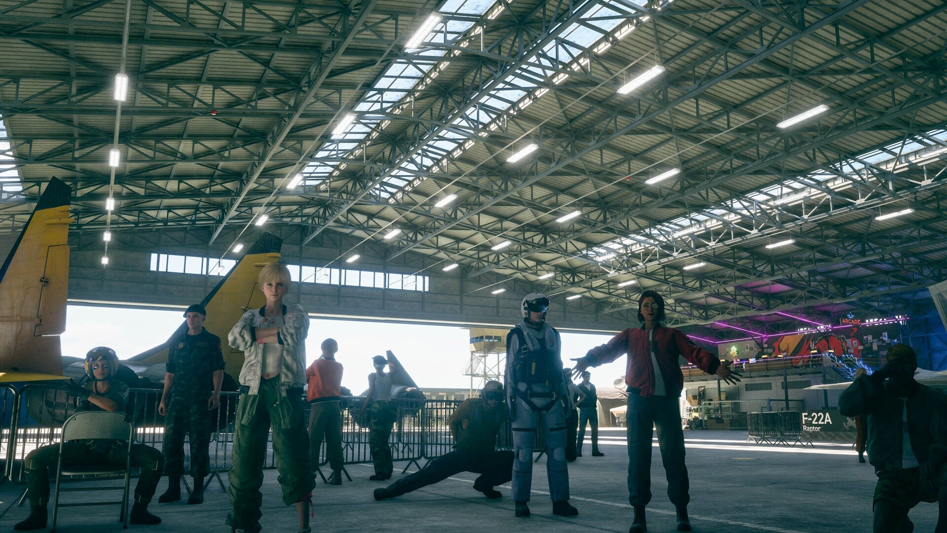 The online lobby hangar, with avatars and an F-22A on display