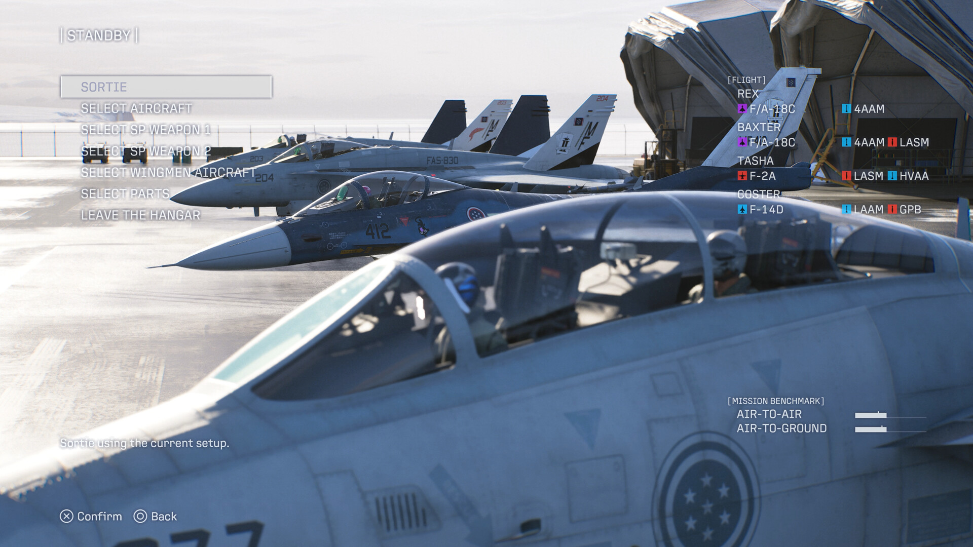 The sortie menu lines up your flight with aircraft, special weapons, wingmen and parts before every mission